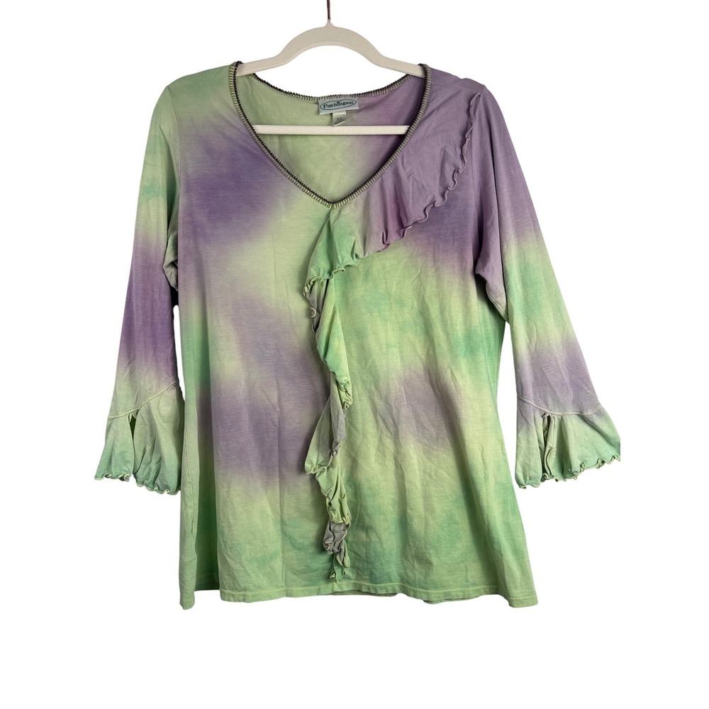 Patchington Tie Dye Ruffle Top Green Purple Pima Cotton Beaded Neck XL fairycore